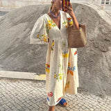 Robe Longue Imprimée Coupe Ample Manches Courtes Style Vacances