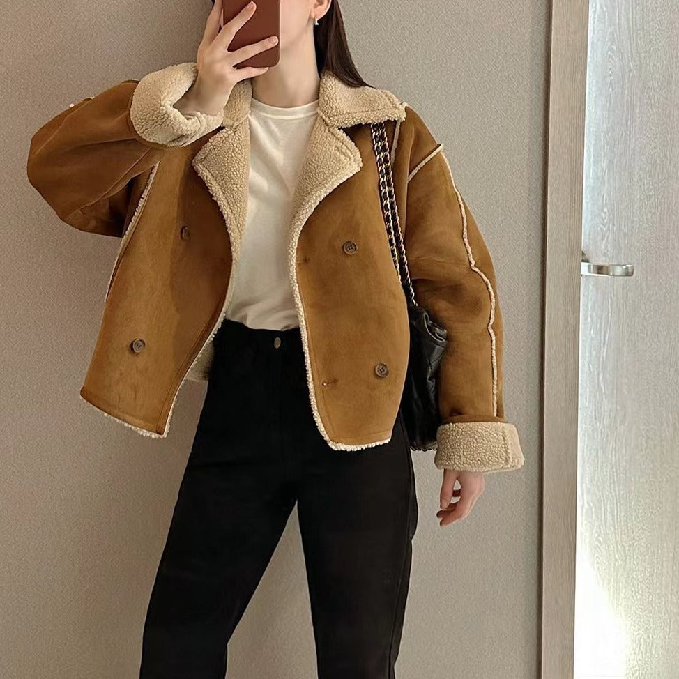 Veste femme en suédine doublée sherpa boutonnée