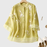 Blouse Brodée à Col Montant et Manches Trois-Quarts
