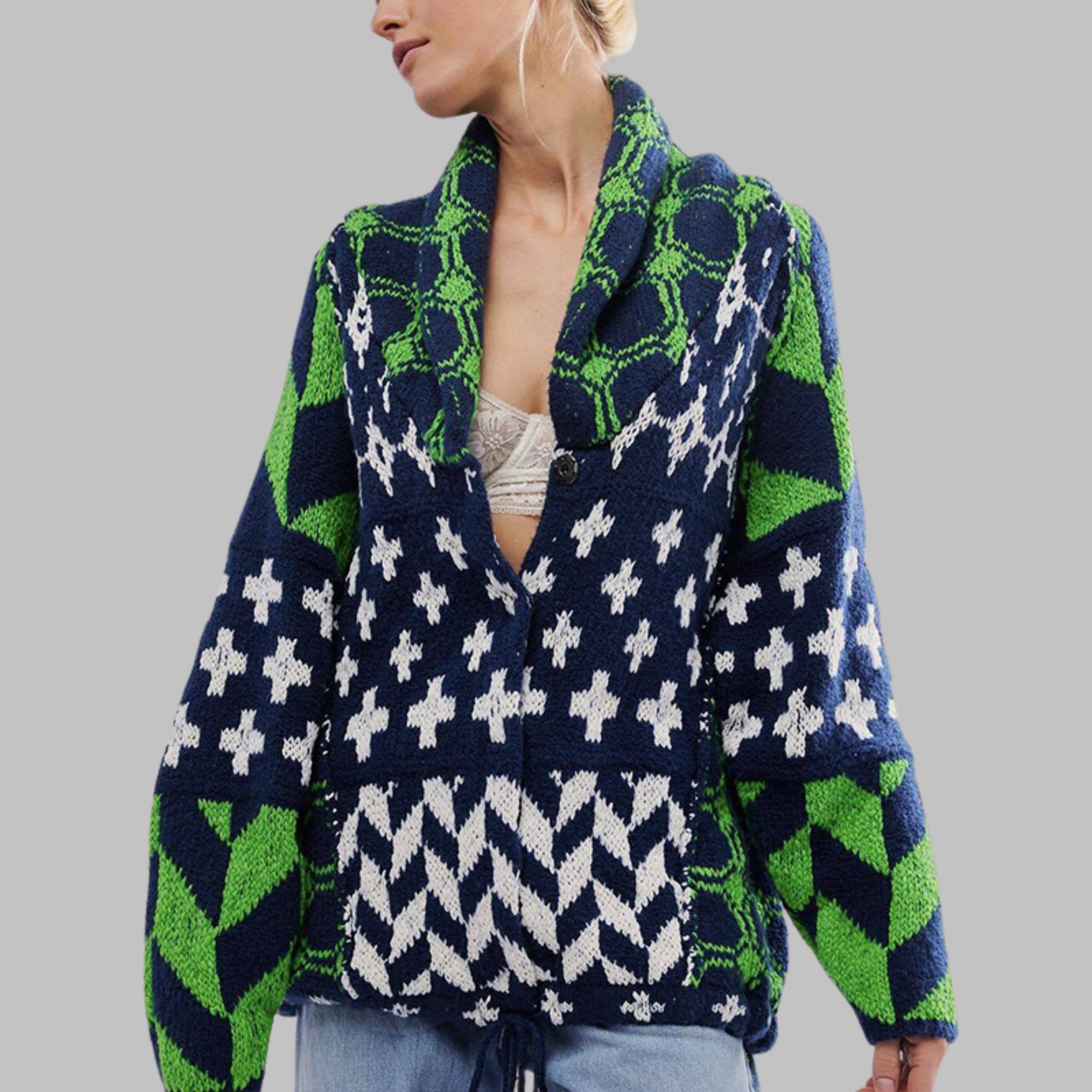 Cardigan Femme Motif Géométrique Oversize