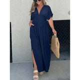 Robe Longue Femme à Col V et Taille Froncée