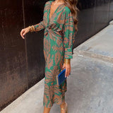 Robe midi femme col V manches longues drapé
