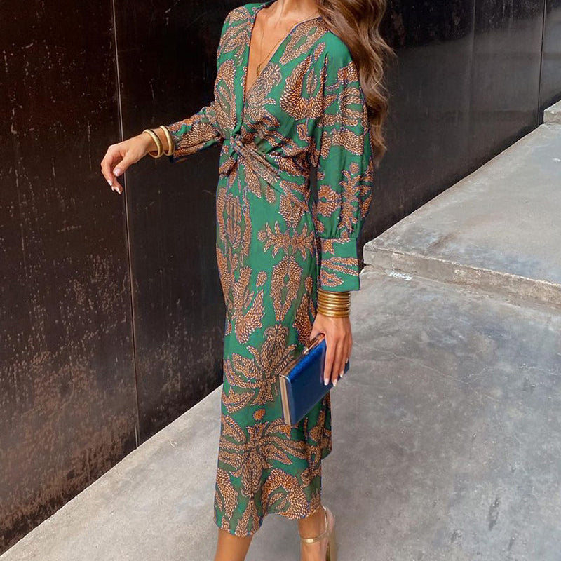 Robe midi femme col V manches longues drapé