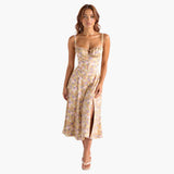 Robe Midi Femme à Bretelles Fines et Col Cœur
