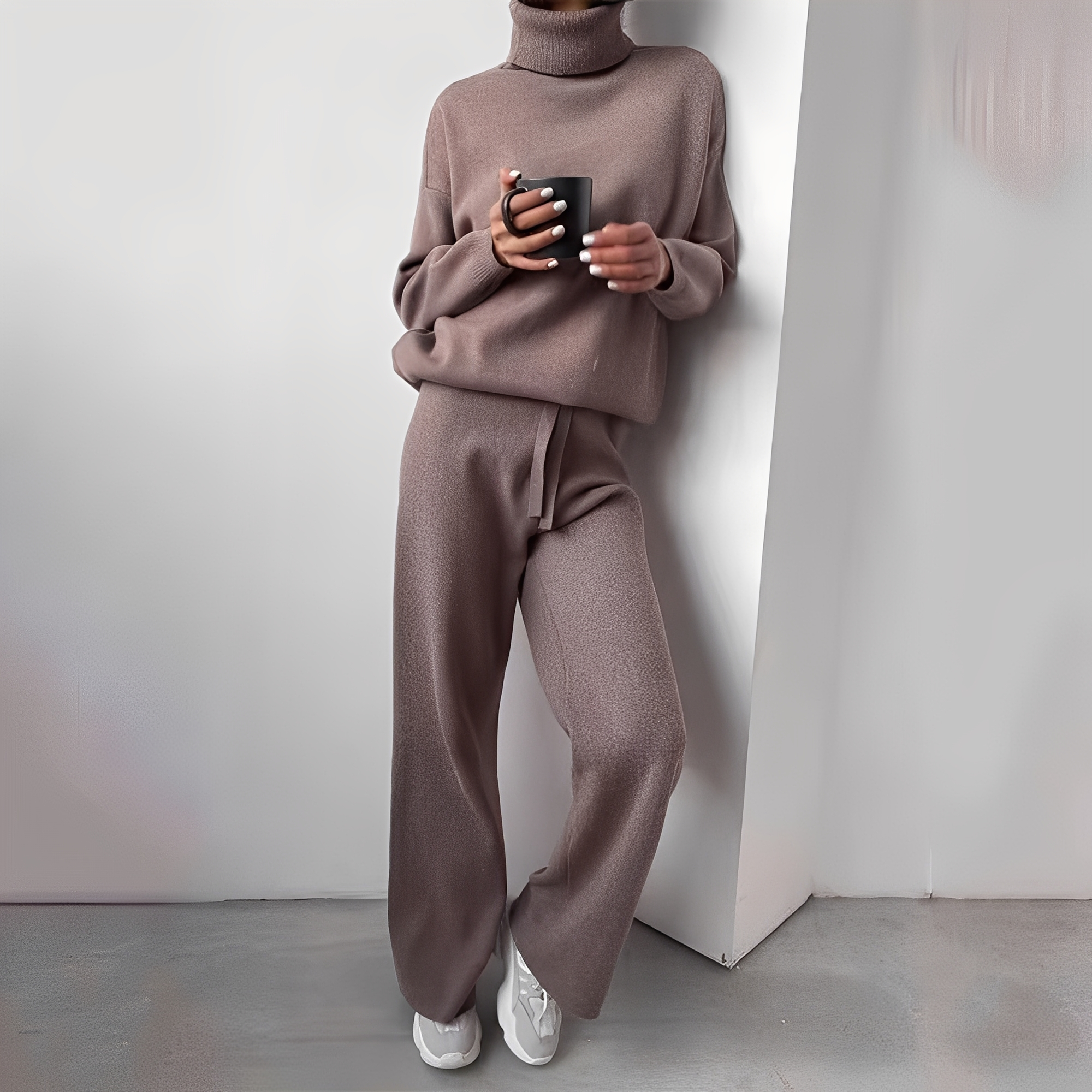 Ensemble Femme Pull Col Roulé et Pantalon Jogging Confort