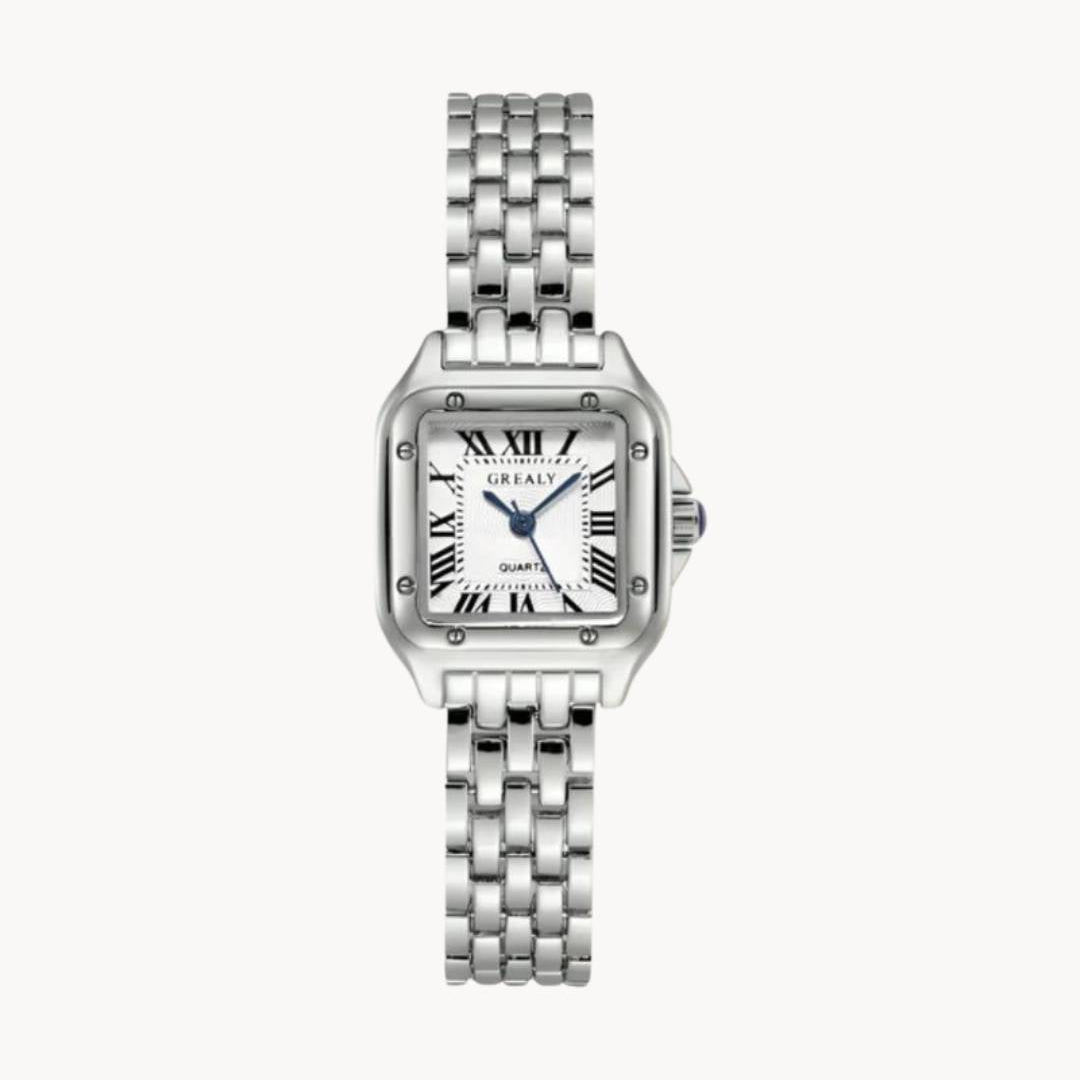 Montre femme carrée à chiffres romains, bracelet acier