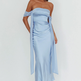 Robe Midi Satinée Bardot Drapée Élégance