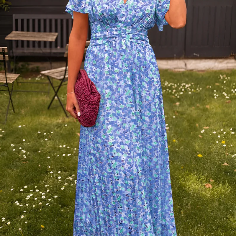 Robe Longue Fleurie Taille Élastique Manches Courtes Été Chic
