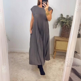 Robe Midi Plissée à Manches Courtes