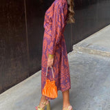 Robe midi femme col V manches longues drapé