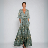 Robe Longue Femme Fleurie à Col V et Ceinture