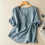 Blouse Lin Col V Boutonné Coupe Décontractée Élégante