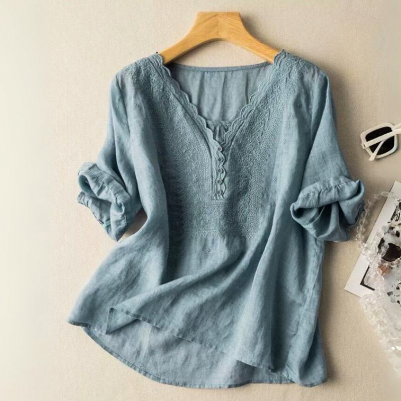 Blouse Lin Col V Boutonné Coupe Décontractée Élégante