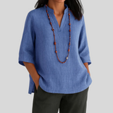 Blouse Ample à Col V et Manches Mi-Longues