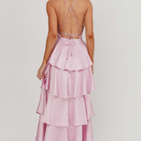Robe Longue Volants Superposés Dos Nu Élégante