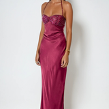 Robe Longue Satinée à Corsage Orné