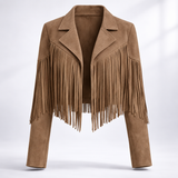 Veste courte en suédine à franges et col cranté