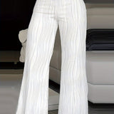 Pantalon Large Rayé à Taille Haute