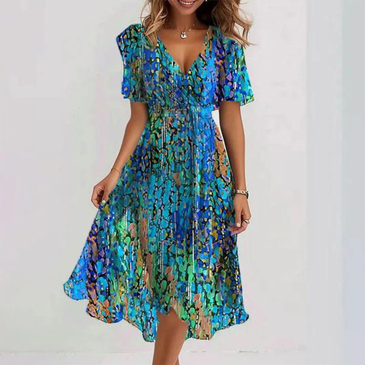 Robe Midi Florale Fluide Col V Élégance Printemps