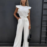 Combinaison Pantalon Volants Épaules Taille Ceinturée Chic