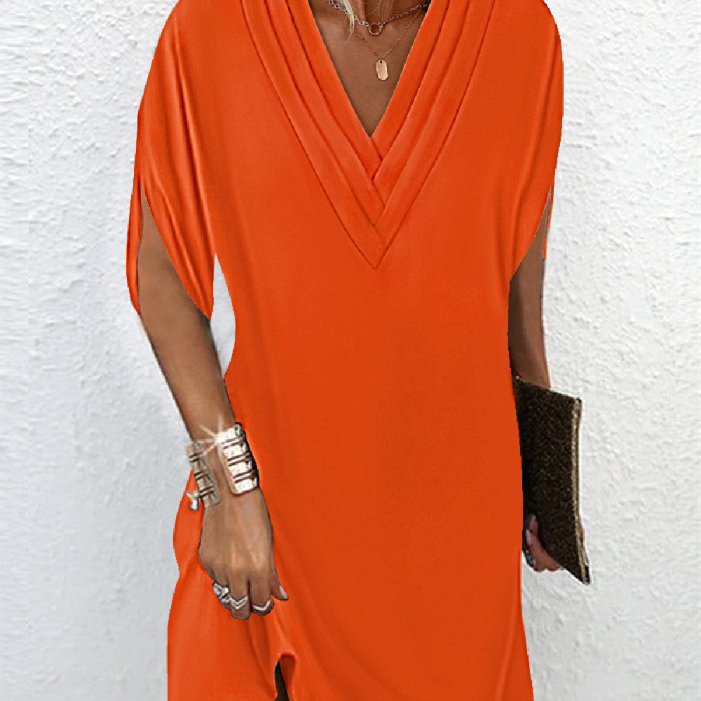 Robe Courte Col V Drapée Manches Amples Style Minimaliste