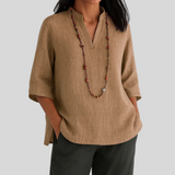 Blouse Ample à Col V et Manches Mi-Longues