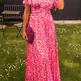 Robe Longue Fleurie Taille Élastique Manches Courtes Été Chic