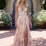 Robe longue à fleurs col licou pour femme