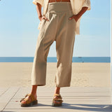 Pantalon lin coupe droite taille haute léger été