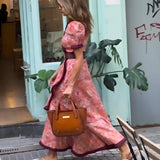 Robe Longue Fleurie à Manches Courtes et Fente