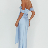 Robe Midi Satinée Bardot Drapée Élégance