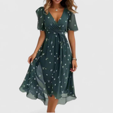 Robe midi portefeuille fleurie à manches volantées