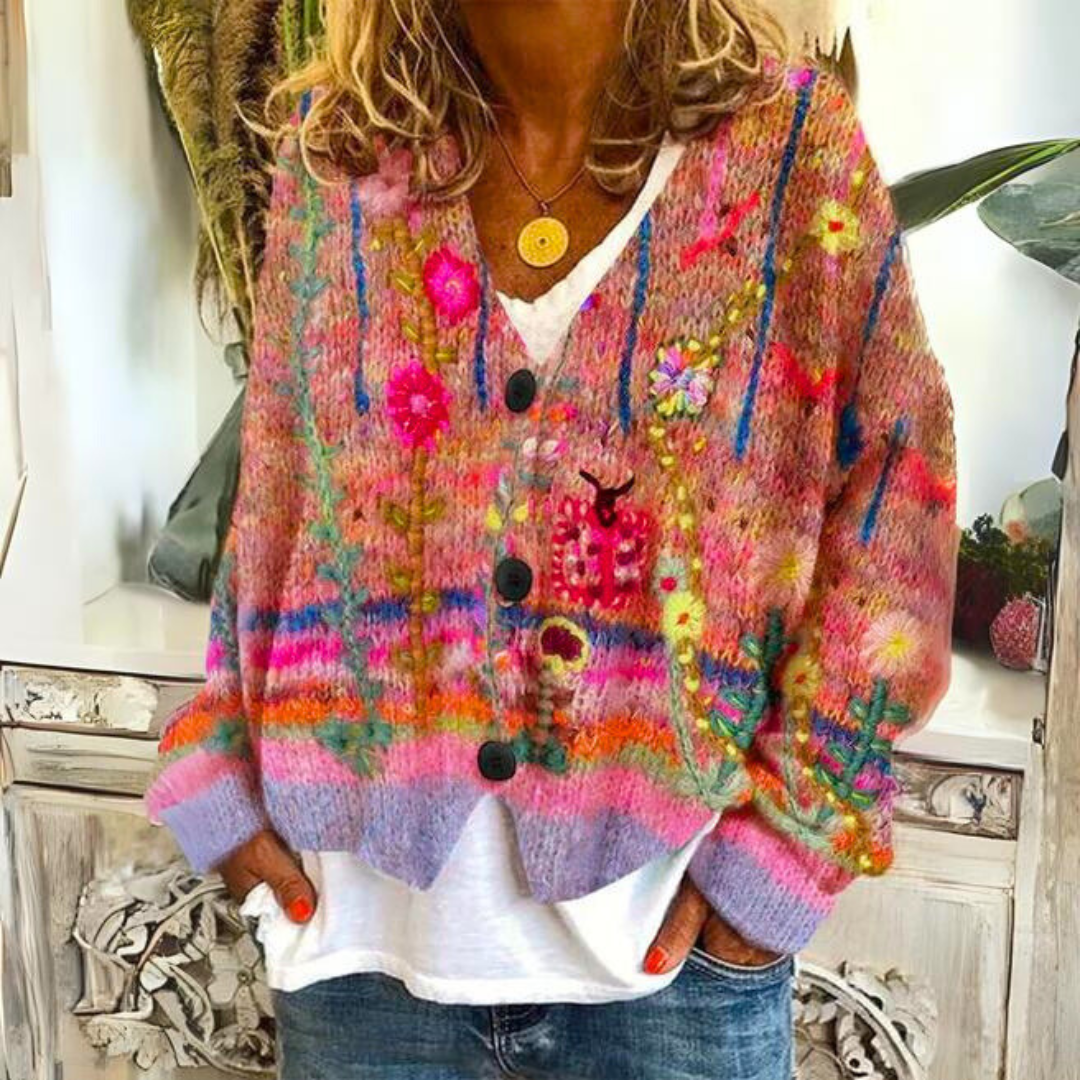 Cardigan Femme Coloré Maille Artistique – Gilet Boutonné Bohème
