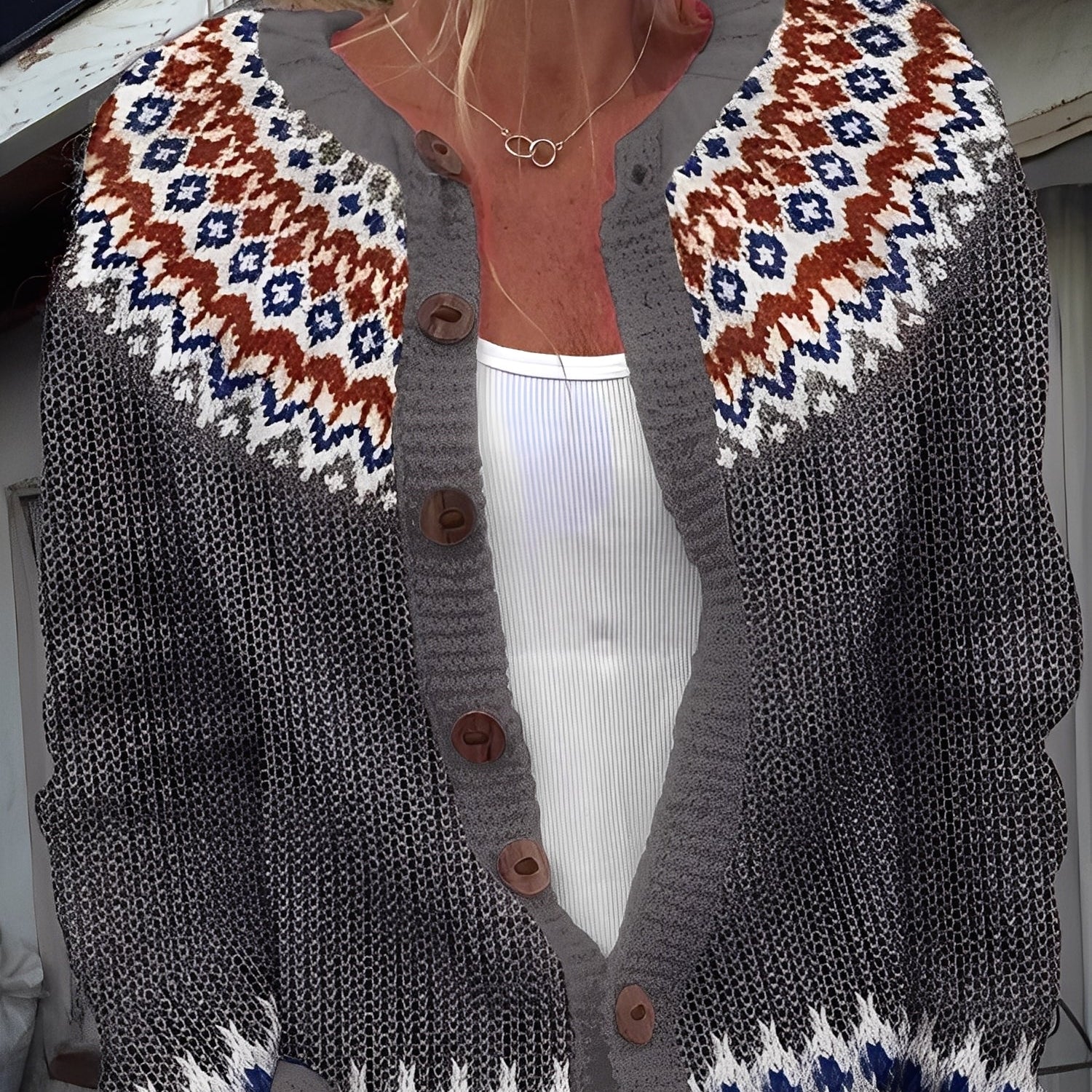 Cardigan Femme Motif Nordique – Gilet Boutonné Cosy