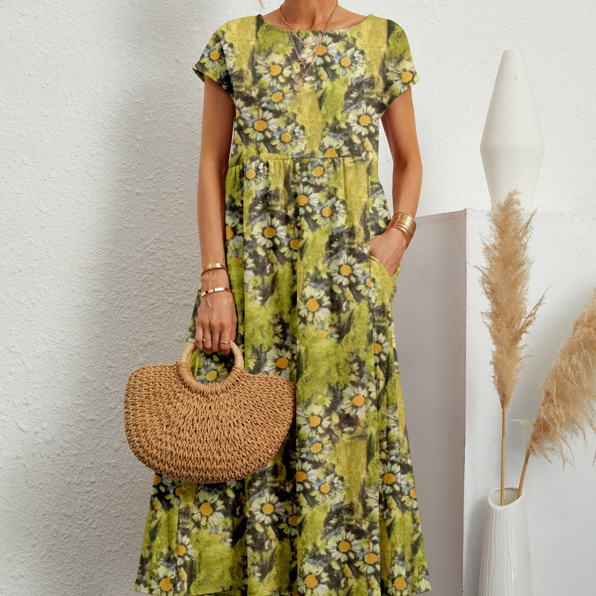 Robe Midi Imprimée Taille Élastique Manches Courtes Style Vintage