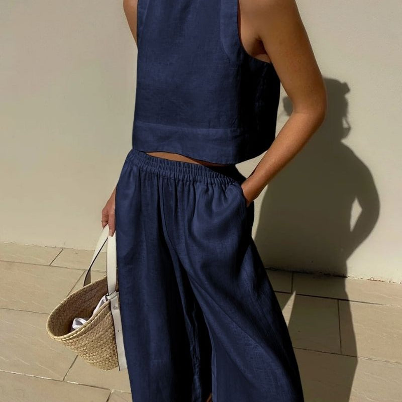 Ensemble Femme Été Décontracté Haut Sans Manches et Pantalon Large