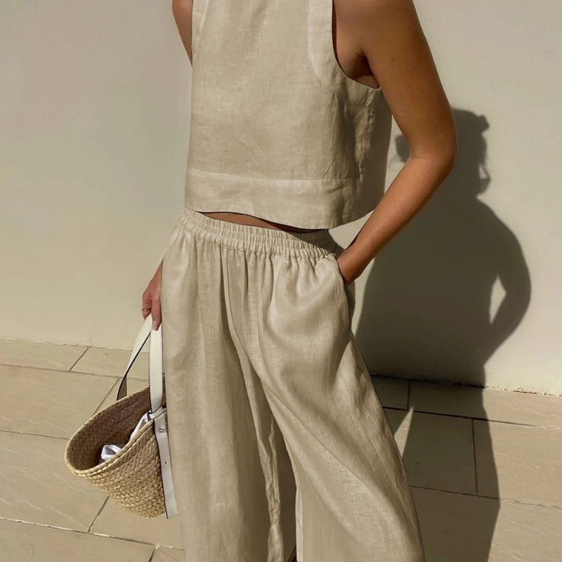 Ensemble Femme Été Décontracté Haut Sans Manches et Pantalon Large
