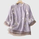 Blouse Brodée à Col Montant et Manches Trois-Quarts