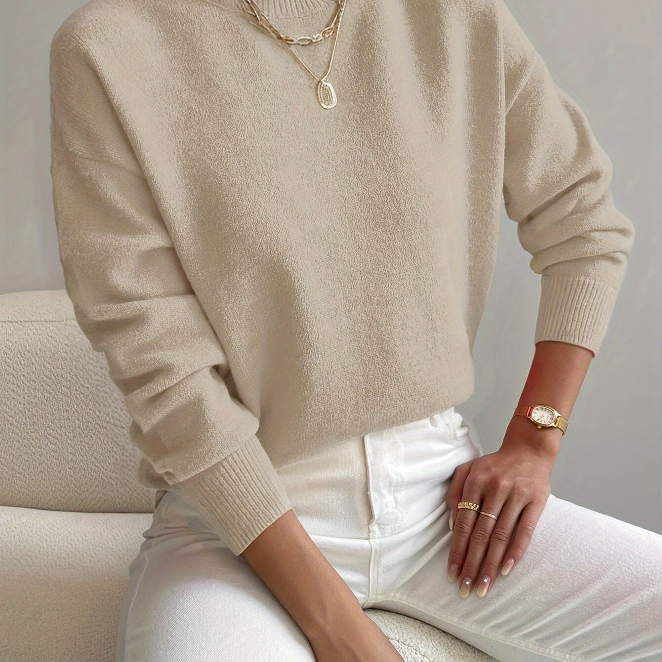 Pull femme en maille à col roulé, manches longues