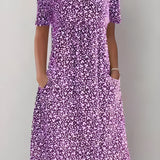 Robe Midi Évasée Imprimé Fleuri Manches Courtes Confort