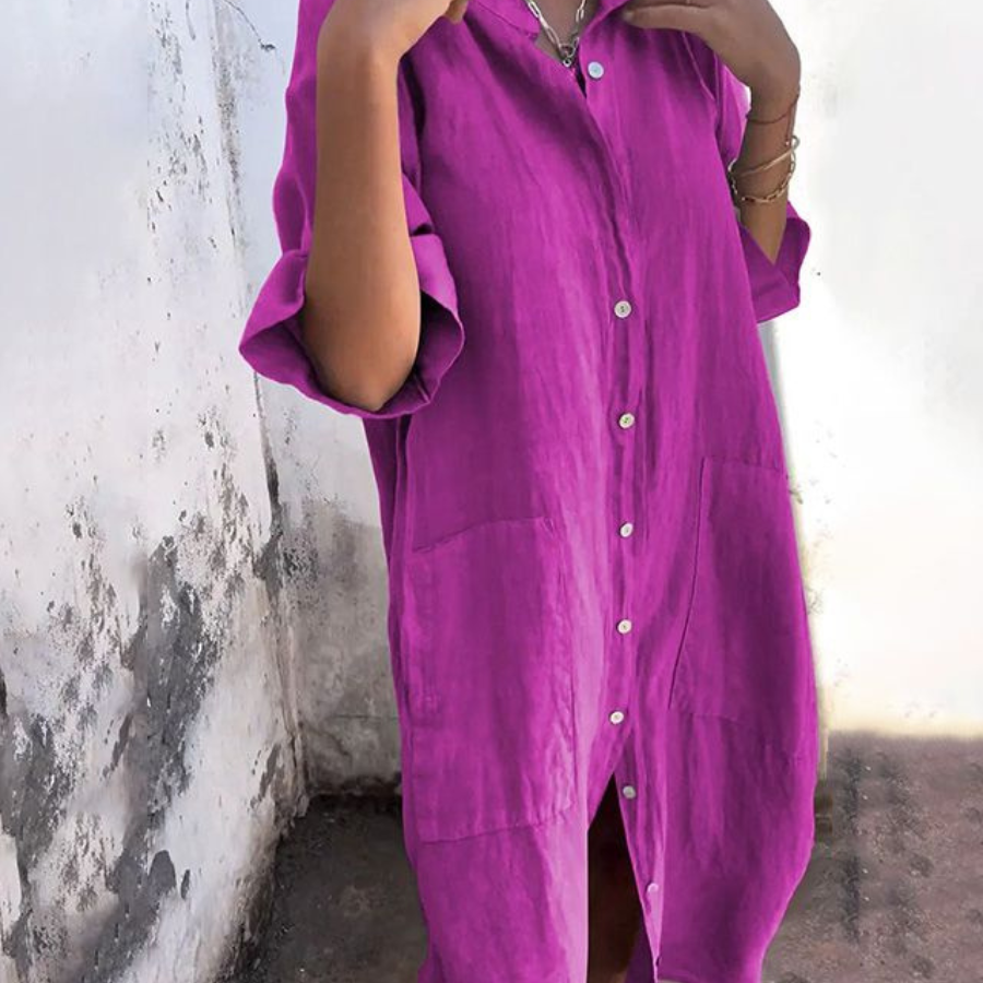 Robe Chemise Ample Boutonnée Manches Courtes Style Décontracté