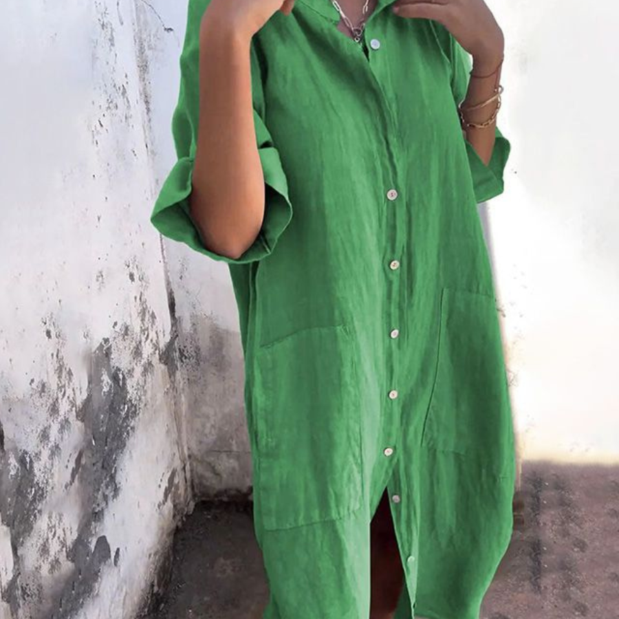 Robe Chemise Ample Boutonnée Manches Courtes Style Décontracté