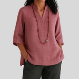 Blouse Ample à Col V et Manches Mi-Longues