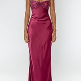 Robe Longue Satinée à Corsage Orné