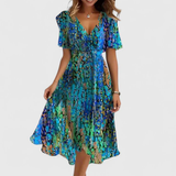 Robe midi portefeuille fleurie à manches volantées