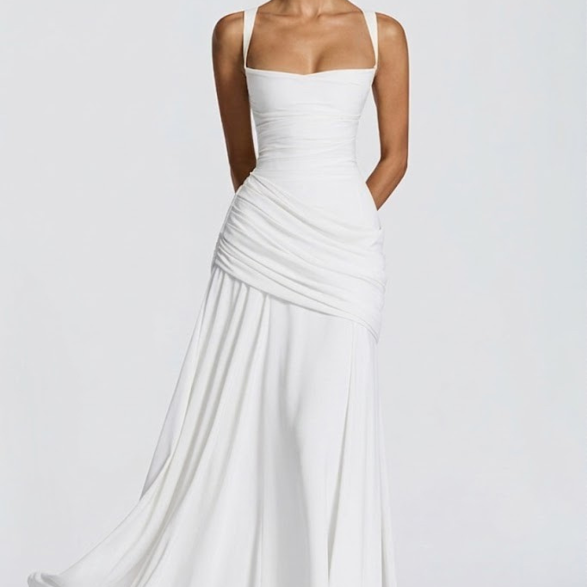Robe Longue Drapée à Bretelles Fines