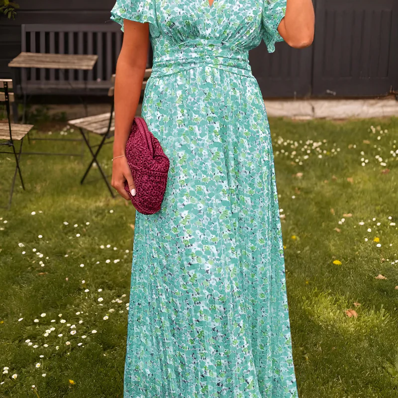Robe Longue Fleurie Taille Élastique Manches Courtes Été Chic