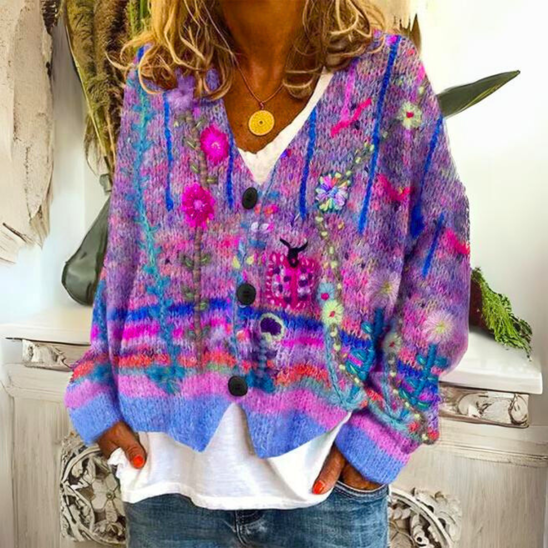 Cardigan Femme Coloré Maille Artistique – Gilet Boutonné Bohème