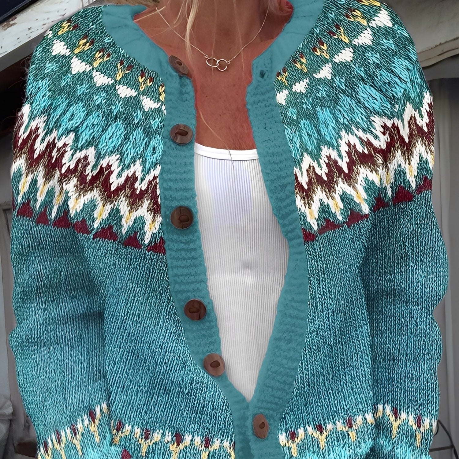 Cardigan Femme Motif Nordique – Gilet Boutonné Cosy