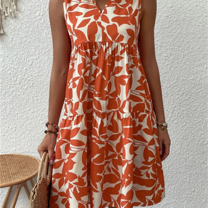 Robe Courte Imprimée Sans Manches Col V Coupe Évasée Chic